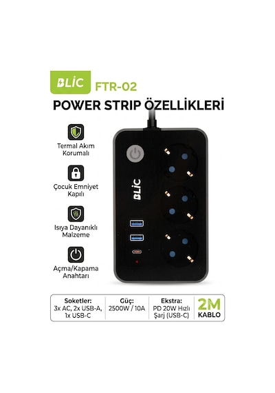 Termal Akım Korumalı 3'lü Priz 2 Metre - 2 Usb + 1 Type-c Hızlı Şarjlı Çoklu Priz 2500w Ftr-02 Blic 2 m