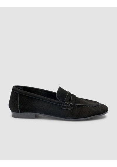 %100 Hakiki Deri Siyah Süet Kadın Loafer Siyah