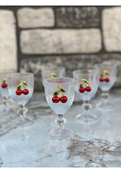 6 Lı Kristal Cam Kahve Yanı Bardağı Kiraz Bardak Kirazlı 75ml çok renkli