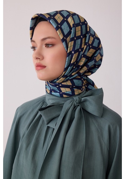 Belli Geometrik Desen %100 Twill İpek Eşarp Be08 Mavi