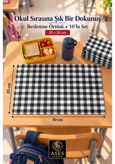 10 Lu Yıkanabilir Beslenme Örtüsü 35x50 Cm Siyah Beyaz Kareli Anaokulu Ve İlkokul
