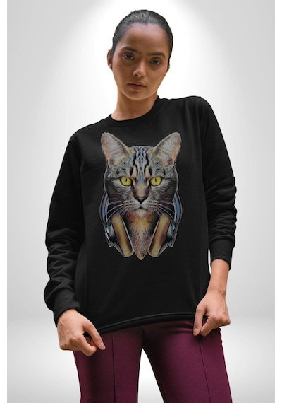 Kulaklık Kedi Unisex Siyah Baskılı Sweatshirt Siyah