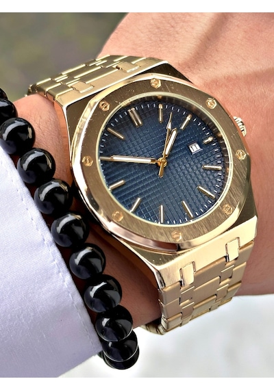 Özel Premium Lüks Seri Eşref Tek Saat Modeli Metal Kordon Takvimli Erkek Kol Saati-bileklik Hediyeli Lacivert
