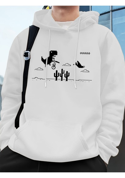 Startmore Startmoredinozorlar Kaktüs Üzerinde Baskılı Erkek Kapüşonlu Üstü Sonbahar Cepli Sweatshirt Temel Polar Beyaz