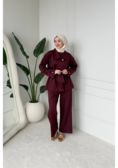 Mihran Butik Sophie Model Bel Kemer Ve Düğme Detaylı Kadın Takım Bordo Çok Renkli