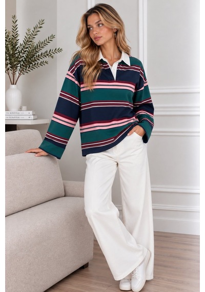 Lima Çok Renkli Kadın Yeşil Lacivert Pembe Çizgili Polo Yaka Oversize Uzun Kollu Sweatshirt Lima Çok Renkli Kadın Yeşil Lacivert Pembe Çizgili Polo Yaka Oversize Uzun Kollu Sweatshirt