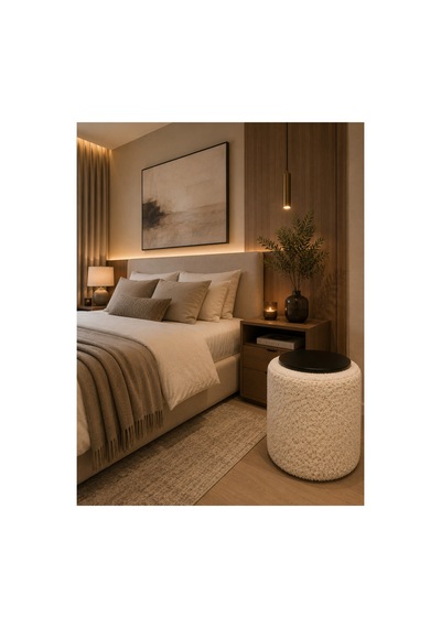 Premium Ahşap Üstlü Yuvarlak Bukle Puf Modern Ekru - 878843025 Ekru