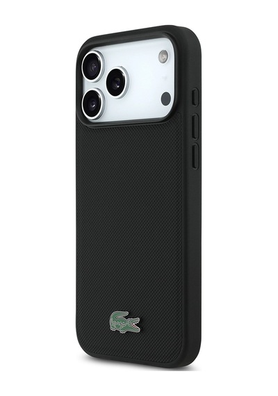 Apple Uyumlu iPhone 18 Pro Max Kılıf Lacoste Lisanslı M-safe Uyumlu Pu Pike Desenli Metal Logolu Kapak Siyah