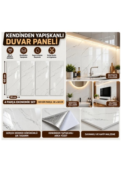 Kendinden Yapışkanlı Mermer Görünümlü Duvar Paneli 4'lü Set 30x60 Cm Dekoratif Duvar Kaplama Beyaz