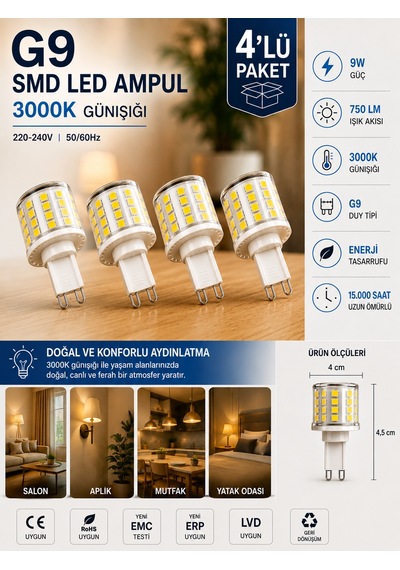 4 Adet 9w 750 Lm 3000k Günışığı G9 Smd Led Ampul