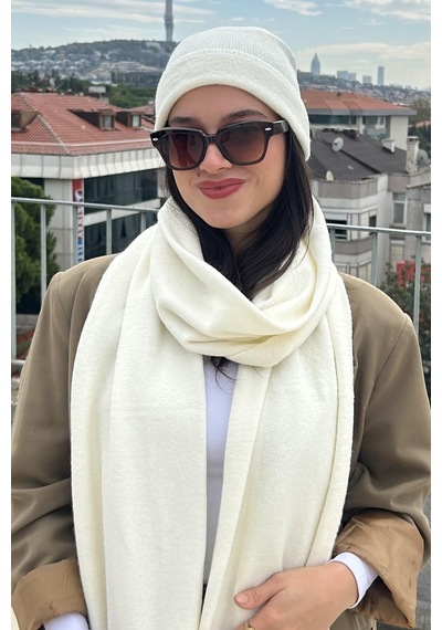 Mollycrush Kadın Kışlık Ekru Atkı Bere Seti Şık Örgü Set Ekru