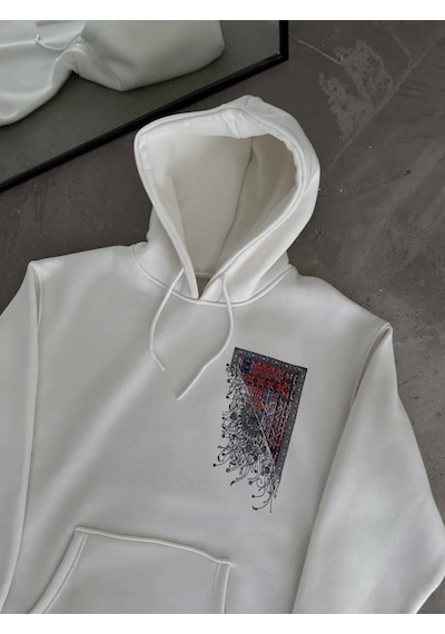 Uzun Kol Kapşonlu Ön Ve Arka Baskılı Sweatshirt - Beyaz