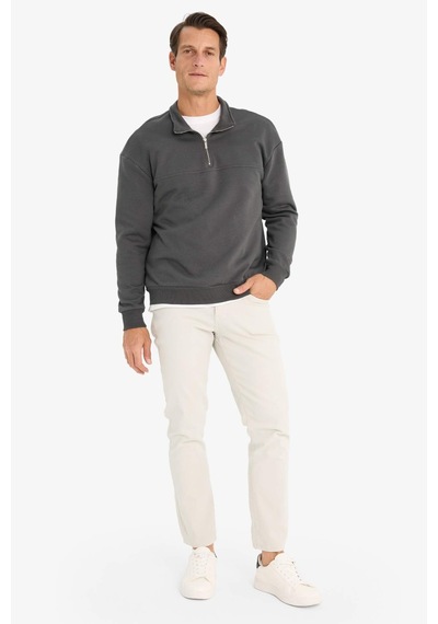 DeFacto Relax Fit Dik Yaka Fermuarlı Basic Düz Kalın Sweatshirt E5334AX24WNAR211
