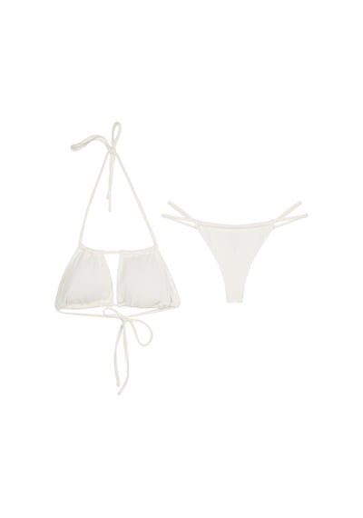 İpli Üçgen Dokulu Kumaş Bikini Takım Beyaz
