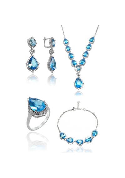 Şeffaf Akuamarin Taşlı Damla Model 925 Ayar Gümüş Dörtlü Set 201024156 Gümüş