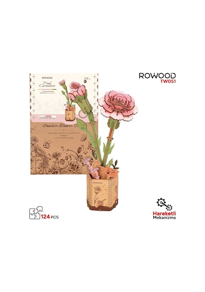 Rowood Tw051 Karanfil Çiçeği Pink Carnation Dıy Minyatür Maket Model Seti Ahşap 3d Wooden Puzzle Model Kit Ahşap Maket Dekoratif Hobi Seti