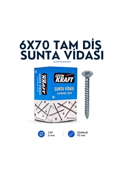 Çetin Kraft Dın 7505a Yhb Sivri Uçlu Tam Diş Sunta Vidası 6x70 100 Adetli Kutu 6 x 70