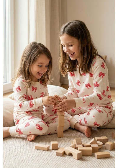 Ekru Renk Kırmızı Fiyonk Baskılı Kız Çocuk Pijama Takımı Ekru