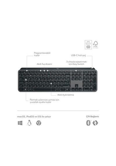 Mx Keys S Kablosuz Klavye, Düşük Profil, Akıcı Hassas Sessiz Yazma, Programlanabilir Tuşlar, Arkadan Aydınlatma,