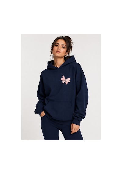 Herkesemoda Kelebek Baskılı Kapüşonlu 2 İplik Şardonlu Sweatshirt Lacivert