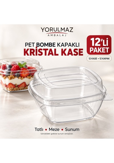 12 Adet Pet Bombe Kapaklı Kristal Kase Şeffaf Plastik Tatlı, Magnolya Ve Meze Sunum Kabı