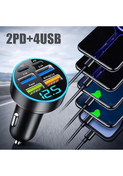 66w Akıllı Dijital Ekranlı 2pd + 4usb Çoklu Araç Şarj Cihazı Tek Dokunuşta Çoklu Şarj Deneyimi