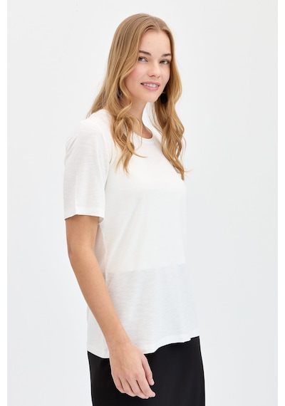 Kadın Sıfır Yaka Flamlı Kumaş Penye Tshirt Ekru Ekru