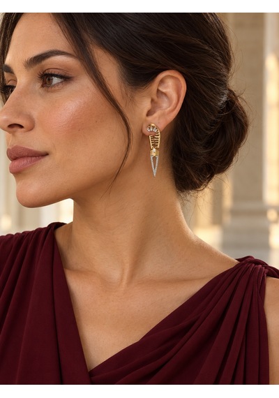Dora's Shine Art Deco Paslanmaz Çelik Altın Renk Baget Taş Detaylı Üçgen Sallantılı Küpe Çok Renkli