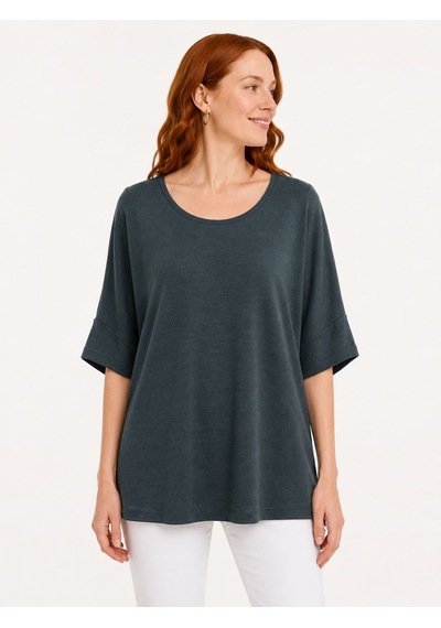 Neden Tekstil Kadın Oversize Yuvarlak Yaka Basic Bluz - Koyu Yeşil