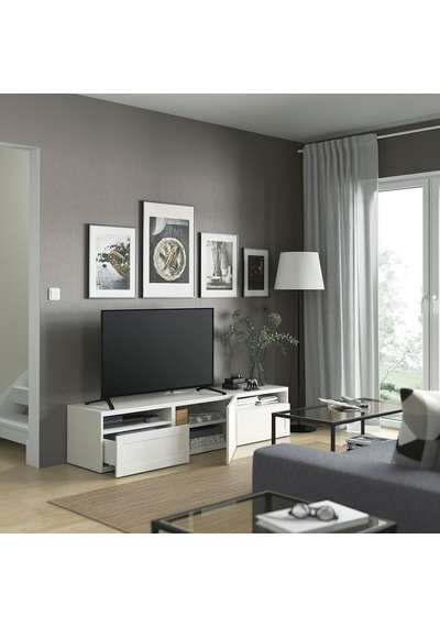 Tv Sehpası, Beyaz, 180x42x39 Cm, Hanvıken, Fren Raylı Beyaz