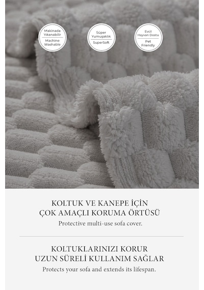 Soft Kürklü Koltuk Örtüsü 170x215 Cm Yumuşak Peluş Kaymaz Taban Kanepe Örtüsü Gri