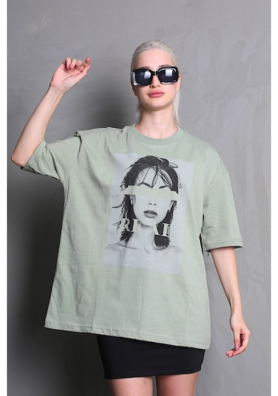 Çağla Yeşili Oversize Baskılı Kadın Tişört Mg1764 Yeşil