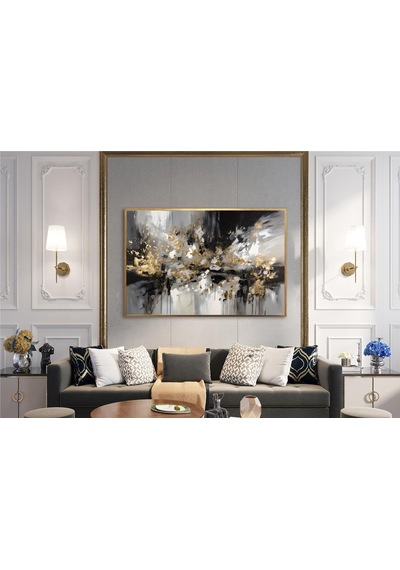 Yağlı Boya Dokulu Tablo Siyah Beyaz Gold Soyut Altın Çerçeveli U08038-179044