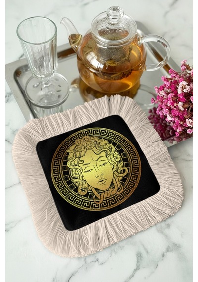 Mitolojik Medusa Desenli Saçaklı Sunum Peçetesi-klasik Lüks Siyah Altın Renkli Bardak Altlığı Mendil Tozlu Grili Nane Mitolojik Medusa Desenli Saçaklı Sunum Peçetesi-klasik Lüks Siyah Altın Renkli Bardak Altlığı Mendil Tozlu Grili Nane