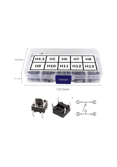 Alkatronik 200 Adet 6x6mm Tact Buton Set 10 Farklı Yükseklikte 4 Pin Dokunmatik Anlık Basmalı Düğme Anahtar