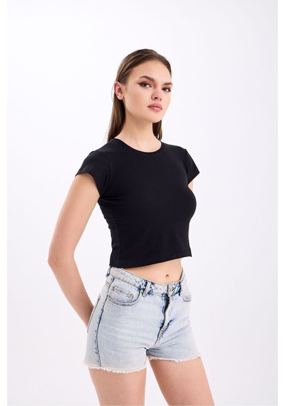 Startmore Likralı Baby Tee Siyah Crop %100 Pamuk Penye Düz Baskısız Crop