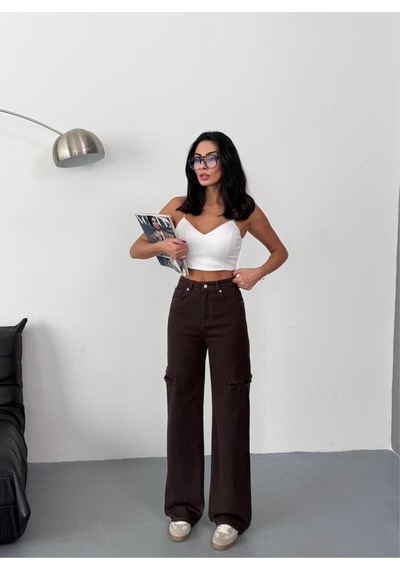 Kadın Kahverengi Baggy Jean Yüksek Bel Kot Pantolon Denim Kumaş Yanlardan Lazerli Kahverengi