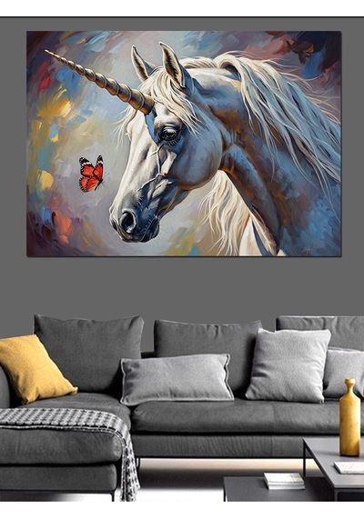 Ahşap Tablo Uçan Kelebekli Beyaz Unicorn Dekoratif Tablolar