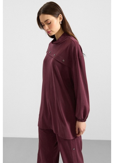 Olcay Metal Aksesuarlı Premium Kumaş Sweat Pantolon Takım Bordo 9404-tk