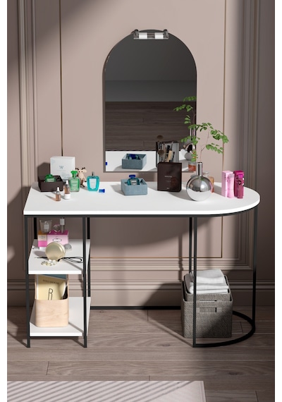 White Oval-shaped Work And Makeup Desk With Mirror And Shelves Beyaz