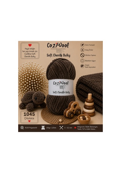 Kadife İp Soft Chenille Bulky 5'li Paket 5x100 Gr 120 Mt El Örgü İpi Çikolata - 875823131
