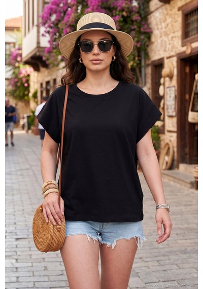 Lela Pamuklu Rahat Kalıp Bisiklet Yaka T Shirt Bayan T Shirt 5866955 Siyah