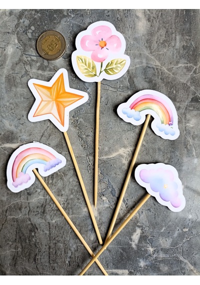 15 Adet Gökkuşağı Bulut Yıldız Pasta Kürdanı Cupcake Pasta Süsü K
