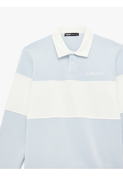 Koton Uzun Kollu İşlemeli Renk Bloklu Polo Yaka Sweatshirt Mavi 6sam70030mk Mavi