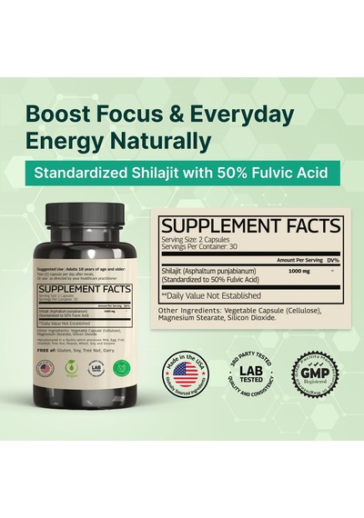 Vınatura Shilajit For Men And Women Pure Himalayan Shilajit 1000mg 50% Fulvic Acid - 60 Caps