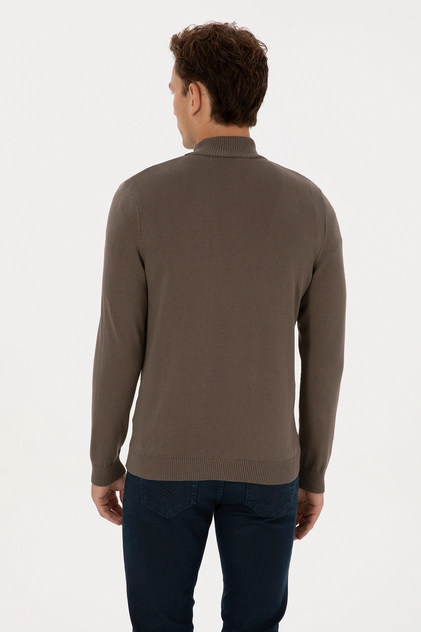 U.S. Polo Assn. Erkek Slim Fit Yarım Fermuarlı Vizon Basic Kazak 50313695-VR052