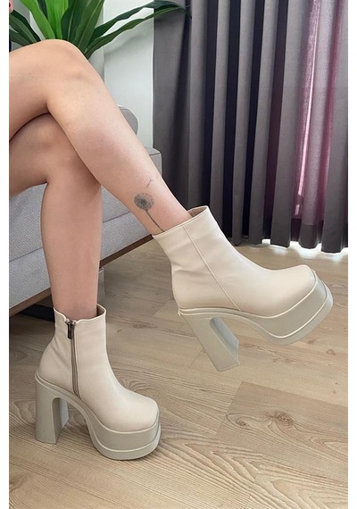 Kadın Krem 12 Cm Platform Topuklu Fermuarlı Bot Krem