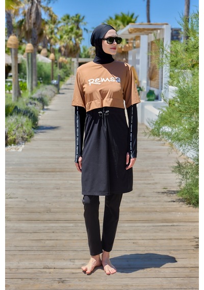 Remsa Mayo Spor Likra Logo Detay Tam Kapalı Tesettür Mayo R140 Camel