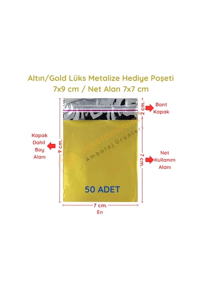 7x9 Cm Altın Renk Bantlı Lüks Metalize Hediyelik Poşet 50 Adet