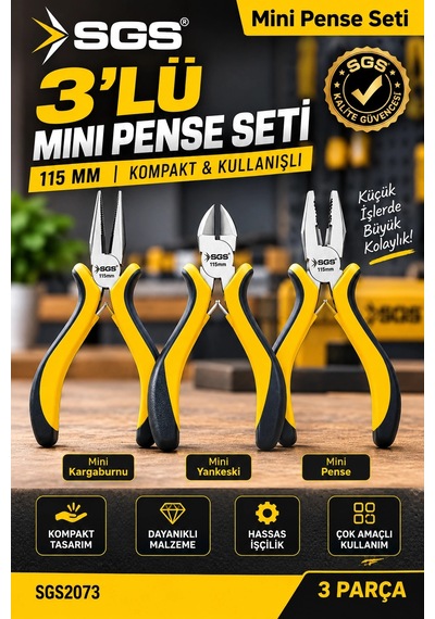 Mini Pense Seti 3 Lü 115 Mm Kargaburnu, Yankeski Ve Kombine Pense Profesyonel El Aleti Seti Sgs 20
